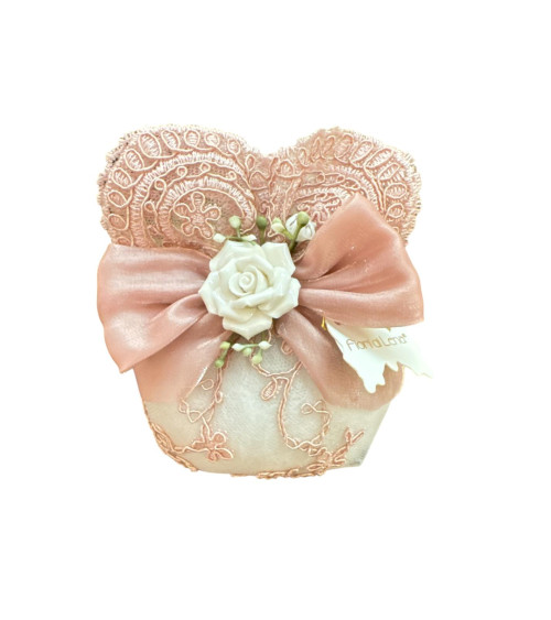 SACCHETTO PIZZO ROSA CON FIORE CERAMICA