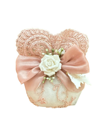 SACCHETTO PIZZO ROSA CON FIORE CERAMICA