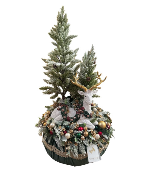 RENNA CON ABETI  SU PUOF FIORI DI LENA