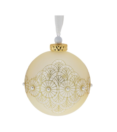 SFERA IN VETRO SOFFIATO SATINATO ORO CON DECORAZIONE GLITTERATA E APPLICAZIONE DI PERLE BIANCHE
DIAMETRO 10CM