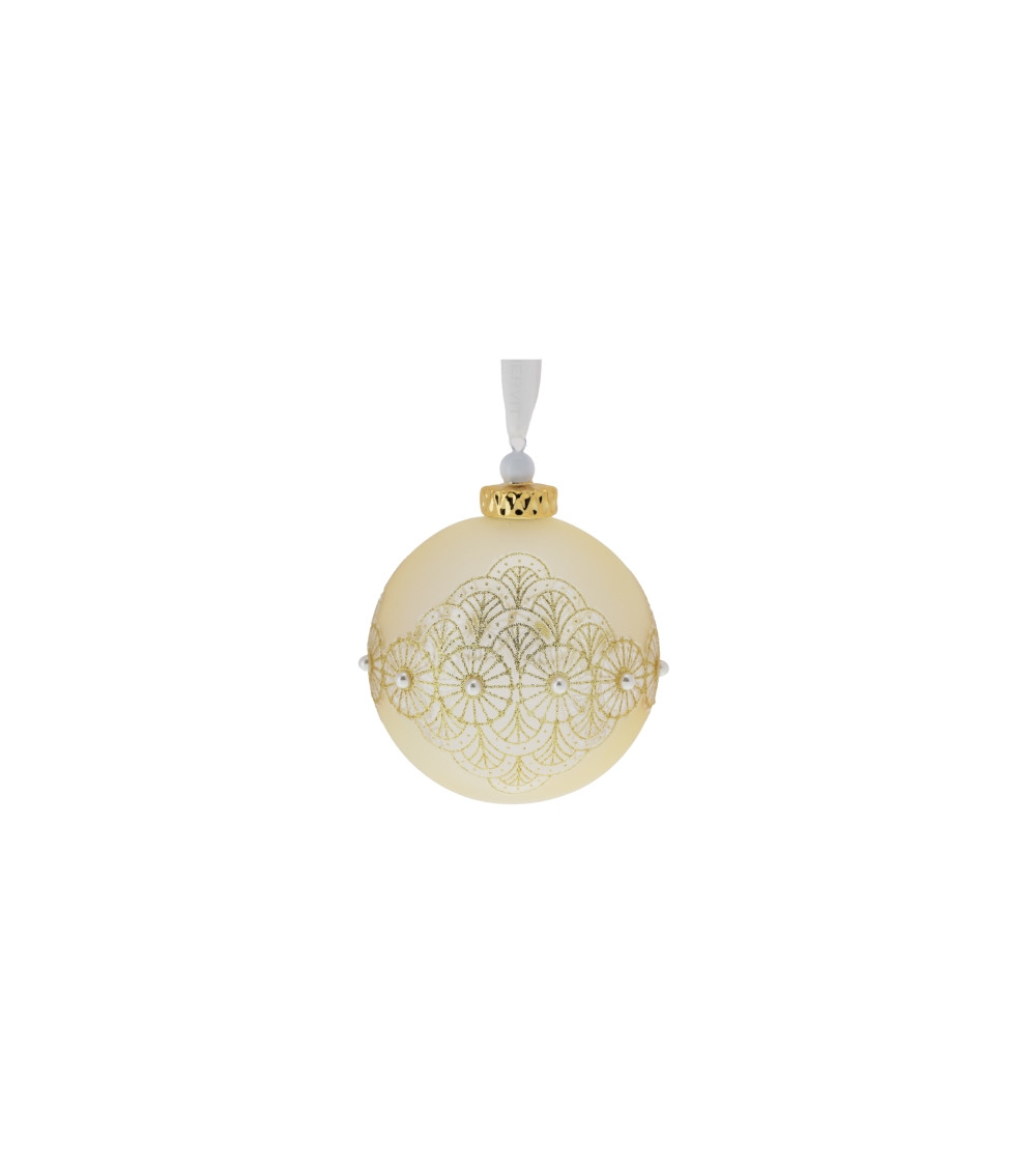 SFERA IN VETRO SOFFIATO SATINATO ORO CON DECORAZIONE GLITTERATA E APPLICAZIONE DI PERLE BIANCHE
DIAMETRO 10CM
