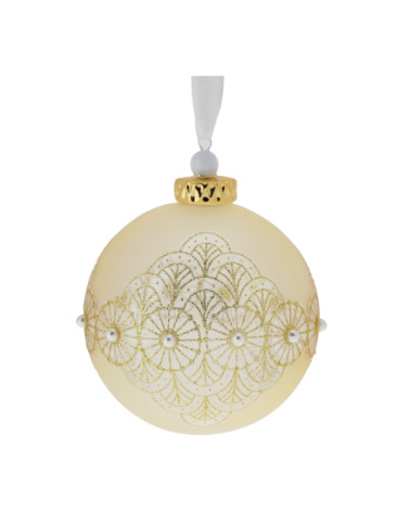 SFERA IN VETRO SOFFIATO SATINATO ORO CON DECORAZIONE GLITTERATA E APPLICAZIONE DI PERLE BIANCHE
DIAMETRO 10CM