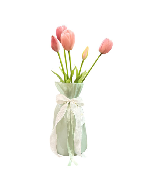 VASO VERDE CON TULIPANI