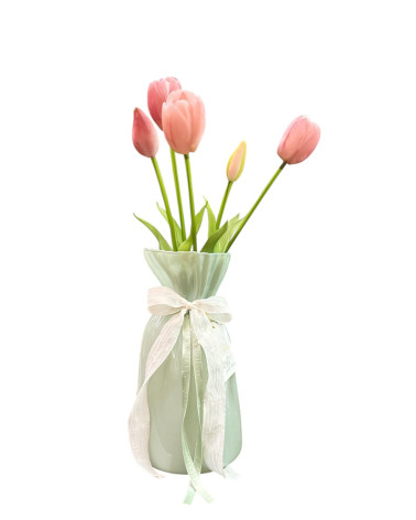 VASO VERDE CON TULIPANI