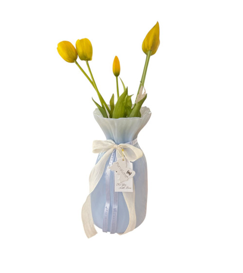 VASO CELESTE CON TULIPANI