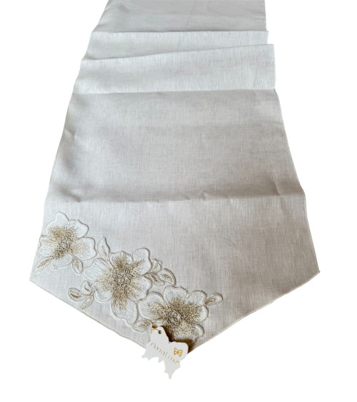 RUNNER A PUNTA IN LINO CON PIZZO ROSE
