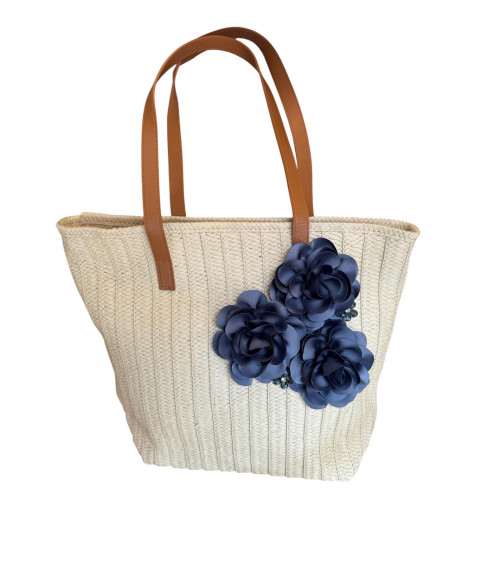 BORSA IN PAGLIA CON FIORI BLU