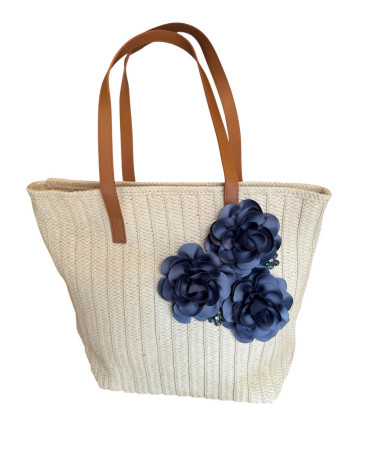 BORSA IN PAGLIA CON FIORI BLU