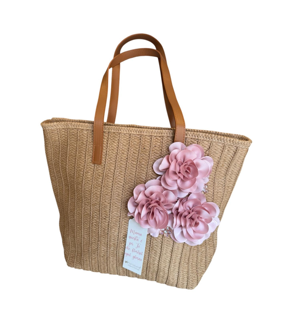 BORSA IN PAGLIA CON FIORI ROSA