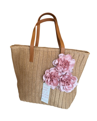 BORSA IN PAGLIA CON FIORI ROSA