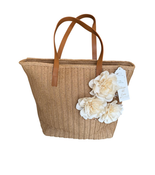 BORSA IN PAGLIA CON FIORI PANNA