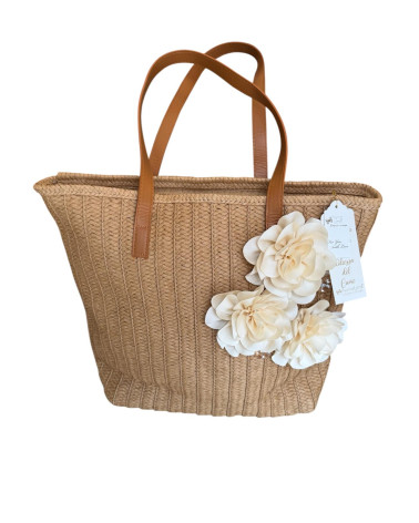 BORSA IN PAGLIA CON FIORI PANNA