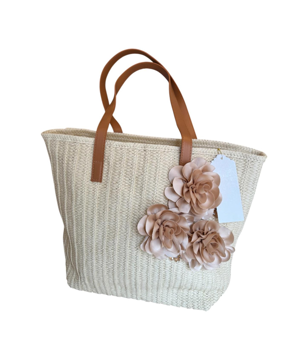 BORSA IN PAGLIA CON FIORI FANGO