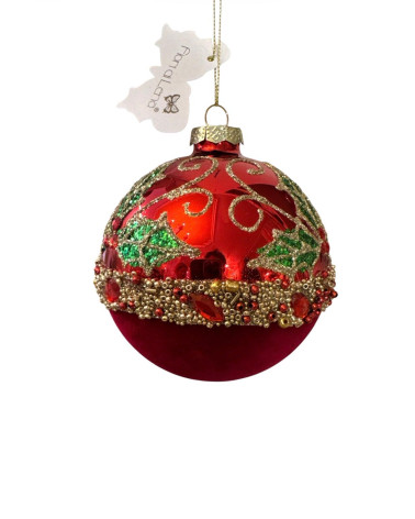 SFERA ROSSA IN VETRO CON DECORAZIONI DA 10 CM