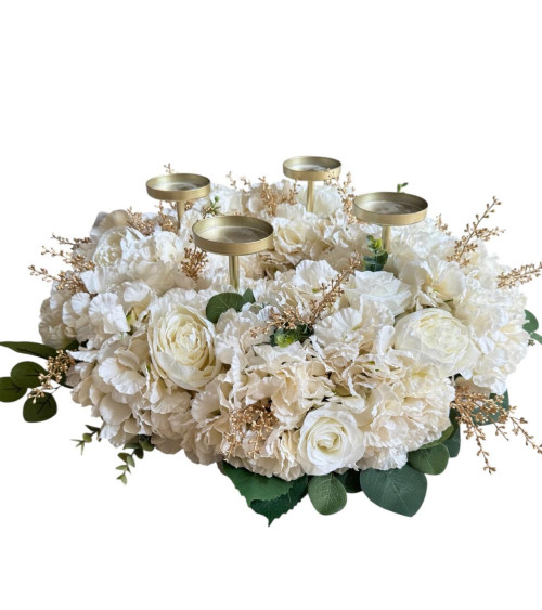 CANDELIERE TONDO IN METALLO CON FIORI AVORIO