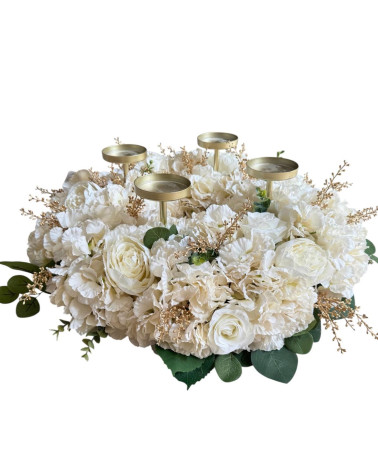 CANDELIERE TONDO IN METALLO CON FIORI AVORIO