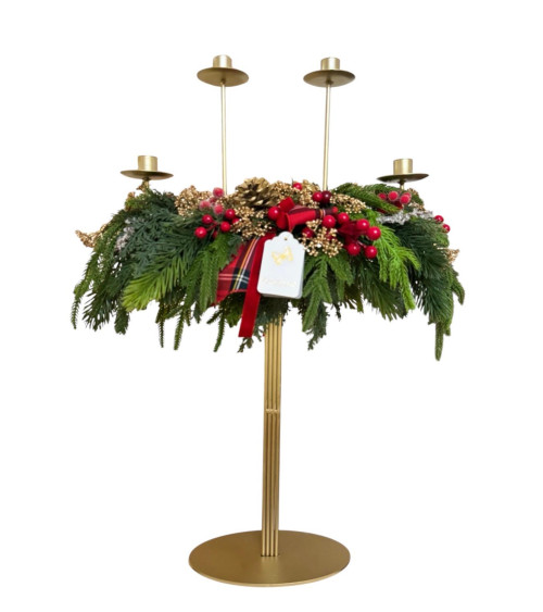 CANDELIERE IN METALLO CON PINO E DECORAZIONI 60 CM