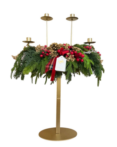 CANDELIERE IN METALLO CON PINO E DECORAZIONI 60 CM