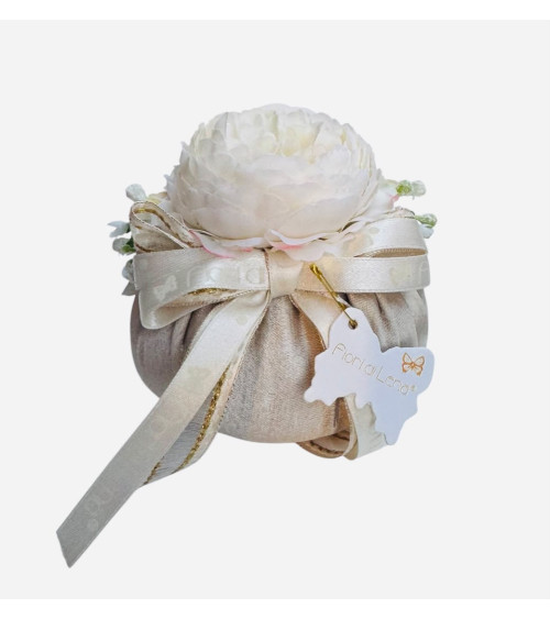 POUF IN SETA NOCCIOLA CON PEONIA DA 10 CM