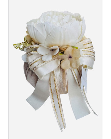 POUF IN SETA NOCCIOLA CON PEONIA DA 12 CM