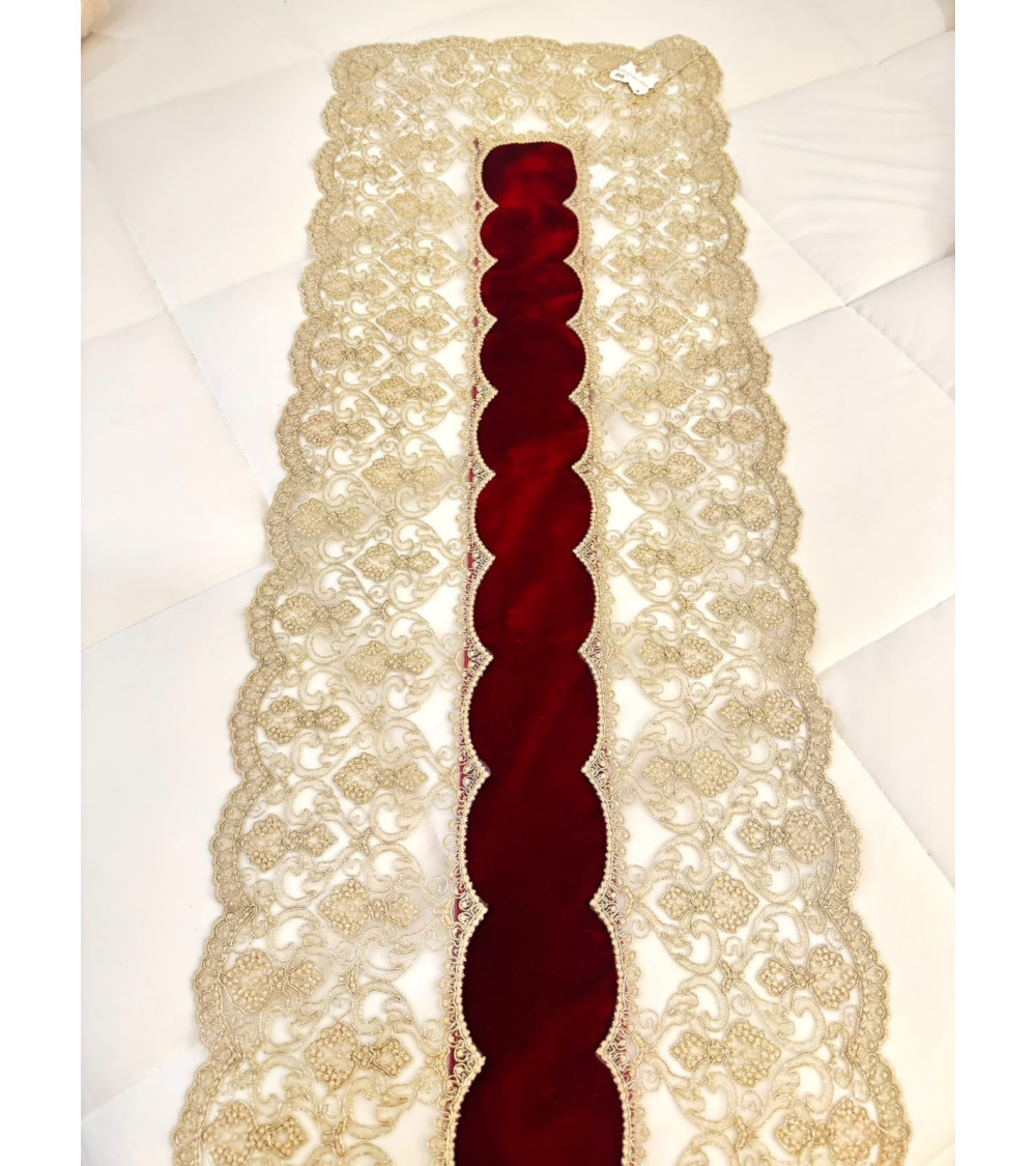 RUNNER IN VELLUTO BORDEAUX E PIZZO ORO 140 CM