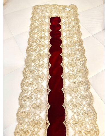 RUNNER IN VELLUTO BORDEAUX E PIZZO ORO 140 CM