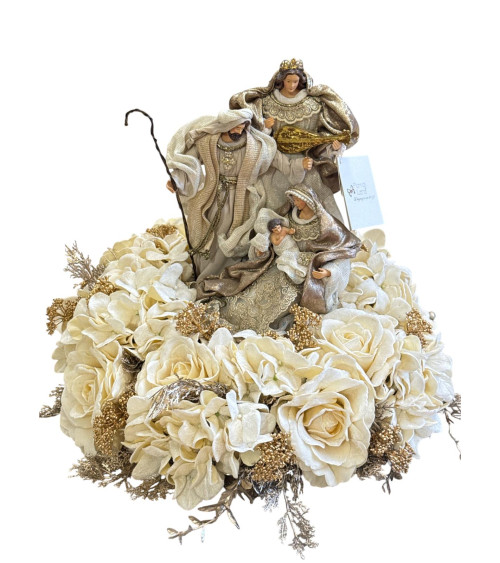 SACRA FAMIGLIA CON ANGELO IN TESSUTO SU BASE FIORI