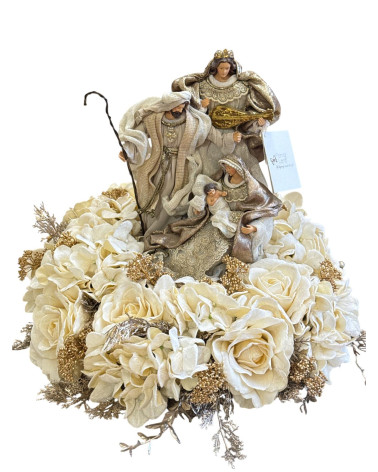 SACRA FAMIGLIA CON ANGELO IN TESSUTO SU BASE FIORI